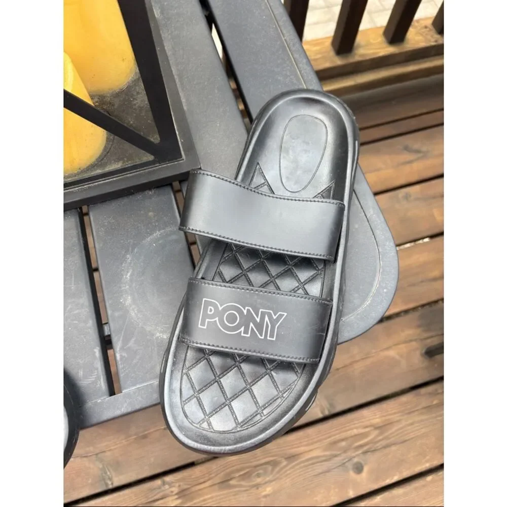 Pony Black Quilted Strap Slide Sandals